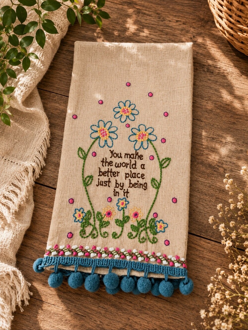 Natural Life NWT Embroidered Inspirational Hand Towel Linen Blend Pom Trim